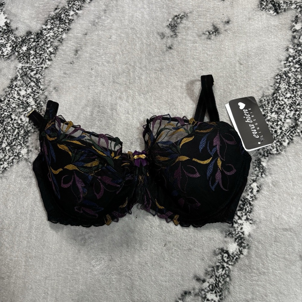 Ewa Bien Jasmin B150 Bra Black Floral Embroidered Semi Soft Size 36G 80G NWT